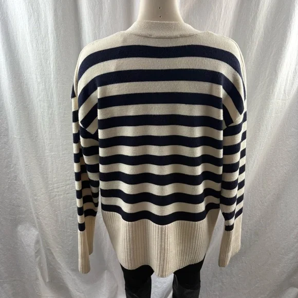 Zara Dark Navy and Cream Striped V-Neck Cardigan M - Picture 5 of 11